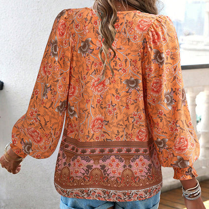 【S-2XL】🌺Női divatos, hosszú ujjú, nyomtatott V-nyakú ing