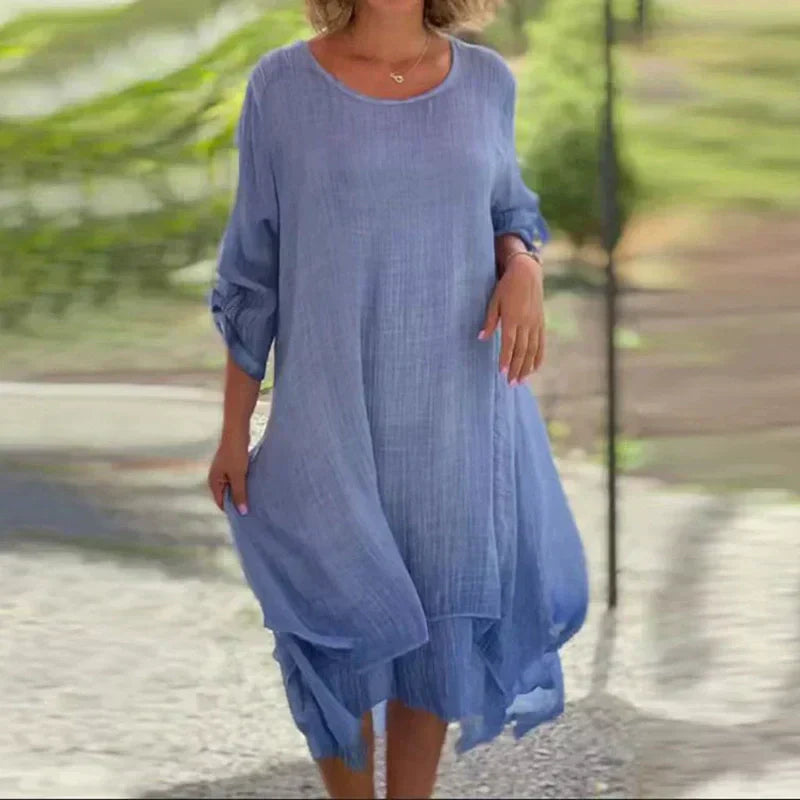 💕Női elegáns egyszínű egyszínű kerek nyakú laza illeszkedő ruha