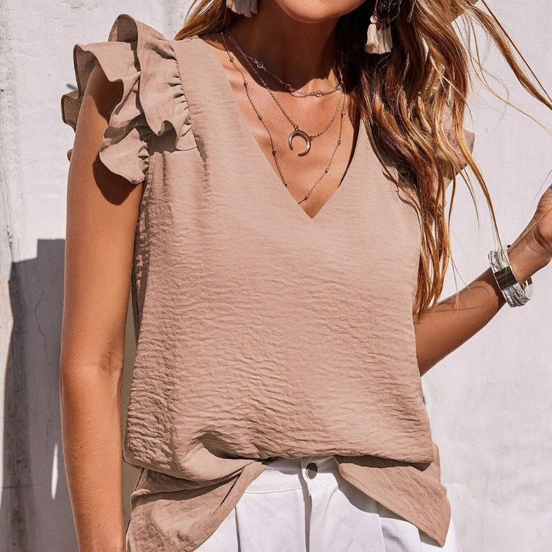 【S-2XL】👚Elasztikus ujjatlan fodros V-nyakú felső