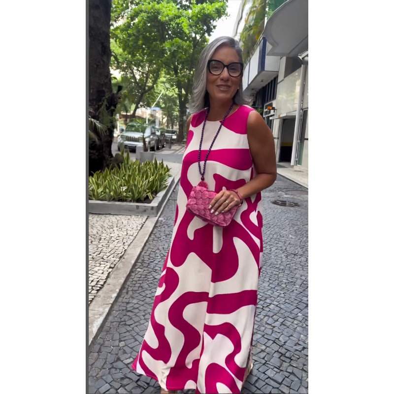 Kerek nyakú nyomtatott ujjatlan alkalmi divat ruhák