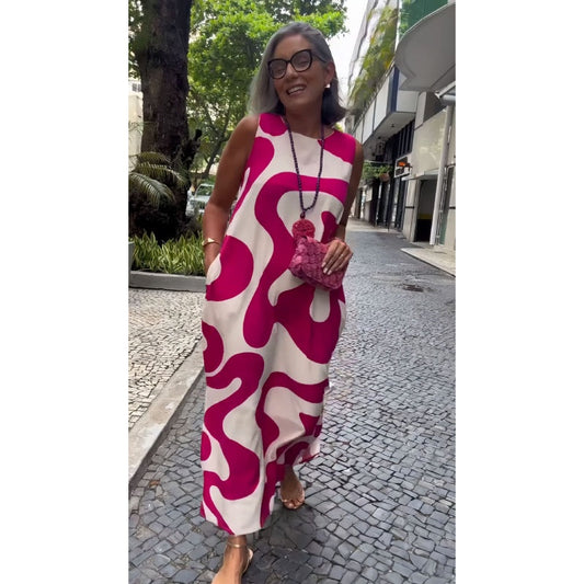 Kerek nyakú nyomtatott ujjatlan alkalmi divat ruhák