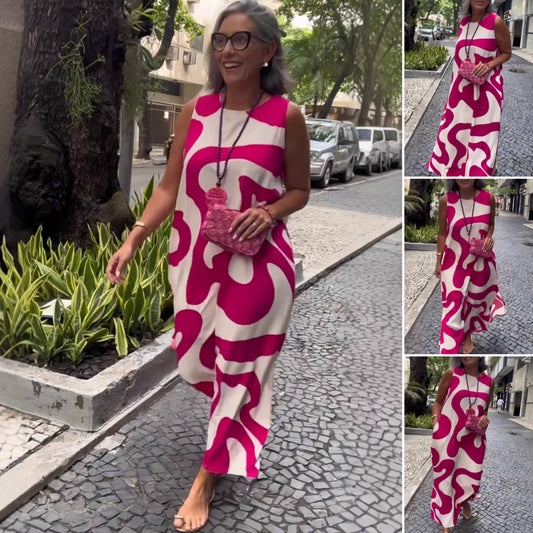 Kerek nyakú nyomtatott ujjatlan alkalmi divat ruhák