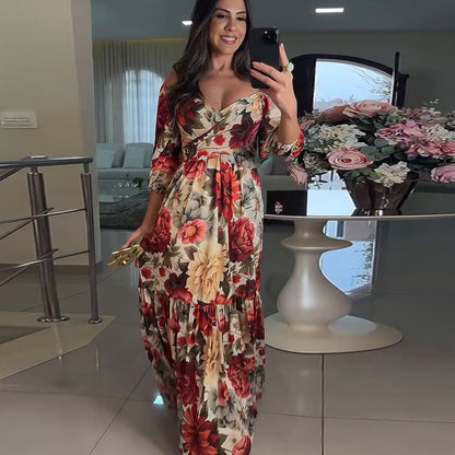 💃Riszírozott V-nyakú, virágos női ruhák