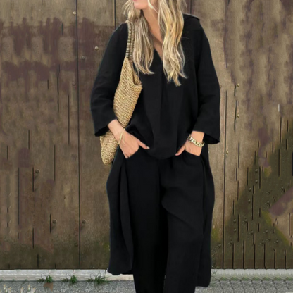 💖Nyári lenvászon női kétrészes kosztüm zsebekkel és hegyes nyakkivágással