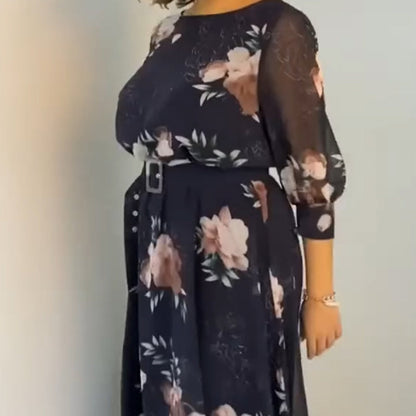 【S-4XL】🌺 Virágmintás, kerek nyakú ruha övvel