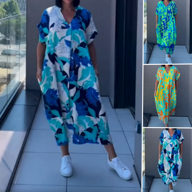 🌿Elegáns női ruha V-nyakú mintával