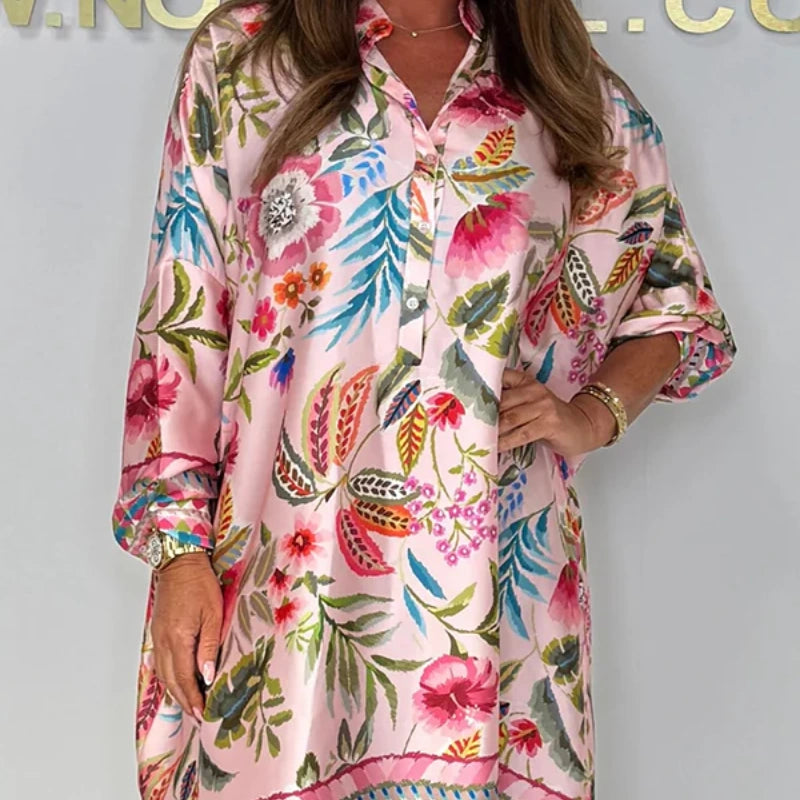 🌺Laza virágmintás ruha gombos V-nyakkal