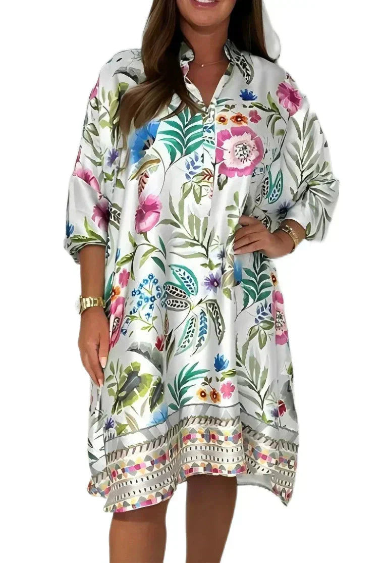 🌺Laza virágmintás ruha gombos V-nyakkal