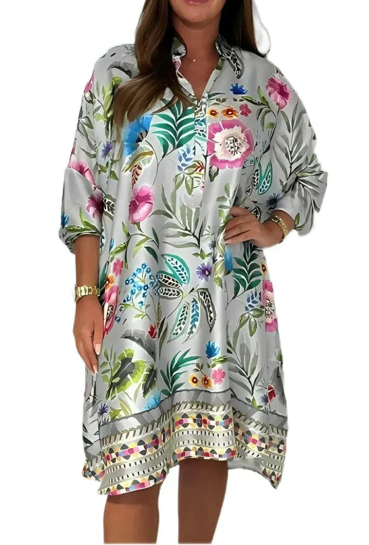 🌺Laza virágmintás ruha gombos V-nyakkal