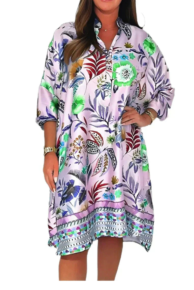 🌺Laza virágmintás ruha gombos V-nyakkal