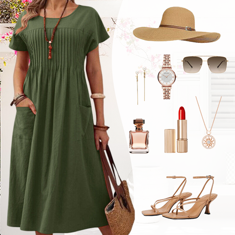 Női rakott ruha rövid ujjal és zsebekkel