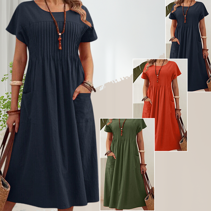 Női rakott ruha rövid ujjal és zsebekkel