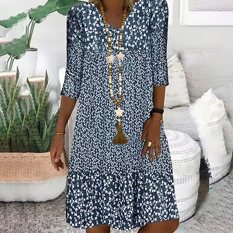 Női divat nyomtatott női középső ujjú V-nyakú V-nyakú ruhák
