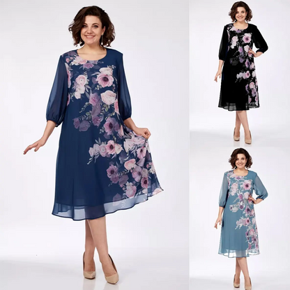 Elegáns virágmintás sifon ruha kerek nyakkivágással