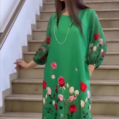 Elegáns virágmintás női ruha kerek nyakkivágással
