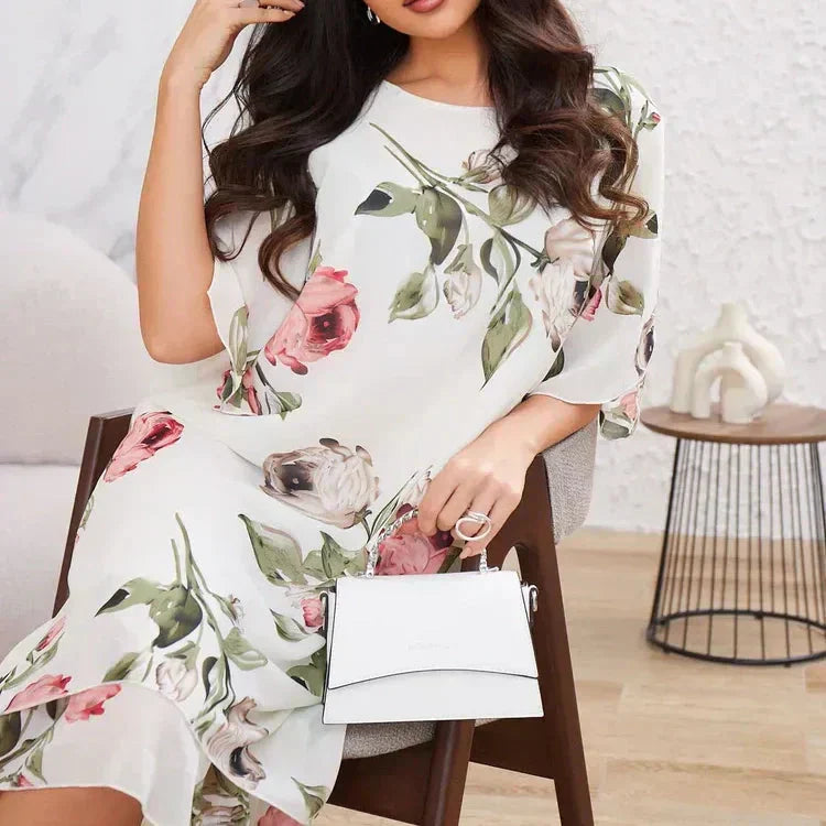 FORRÓ 50% 👗 Pirosas, Sziromszirmos, Világos Sifon Ruha