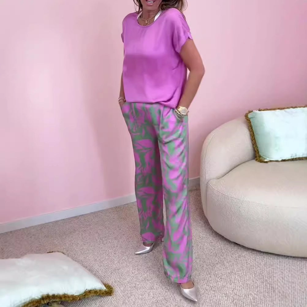 🎉【S-4XL】💝Kétrészes szett - kerek nyakú felső és bő szárú, mintás nadrág