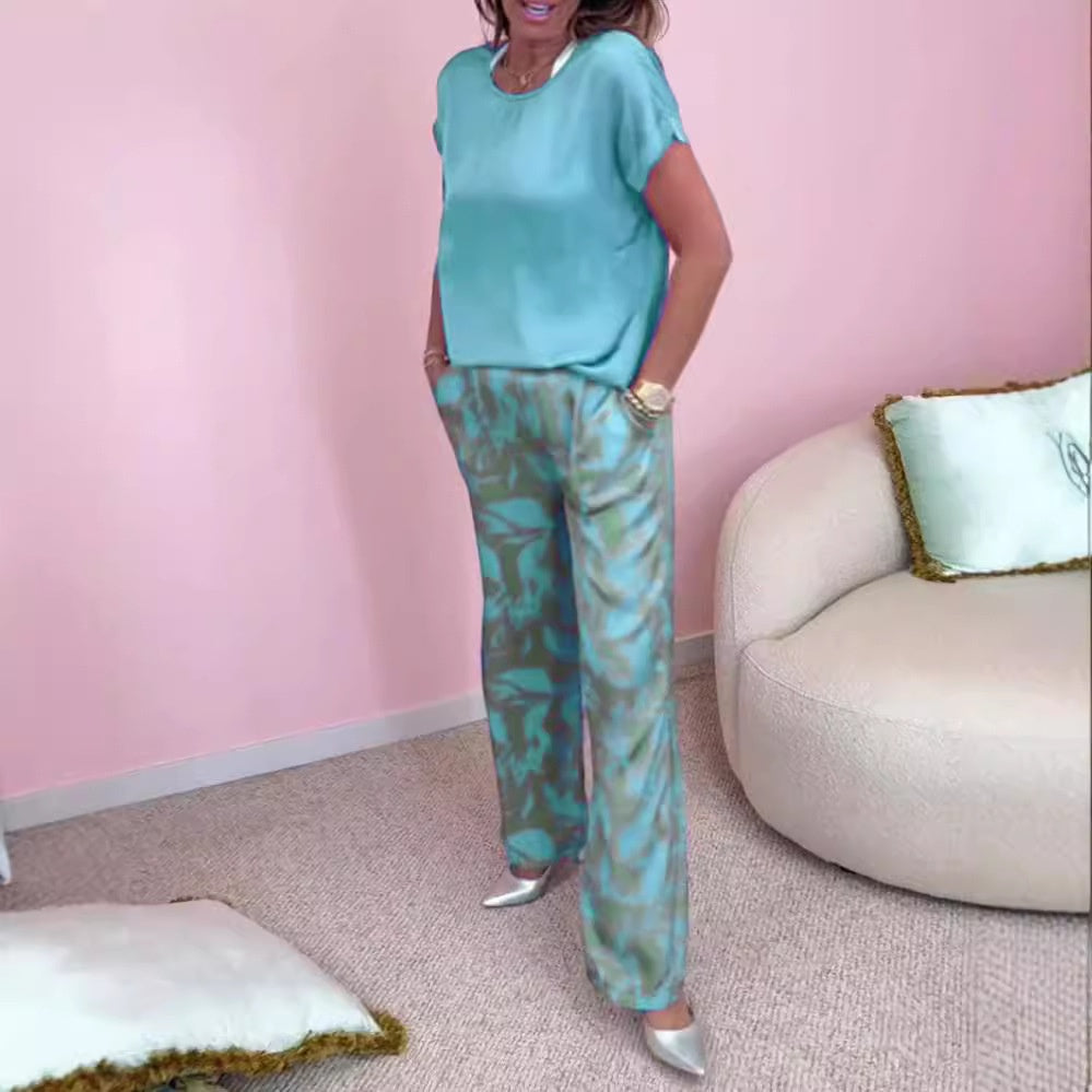 🎉【S-4XL】💝Kétrészes szett - kerek nyakú felső és bő szárú, mintás nadrág