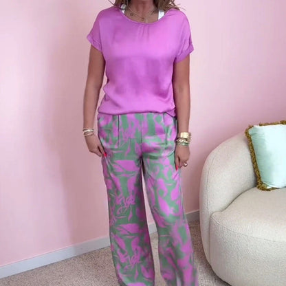 🎉【S-4XL】💝Kétrészes szett - kerek nyakú felső és bő szárú, mintás nadrág