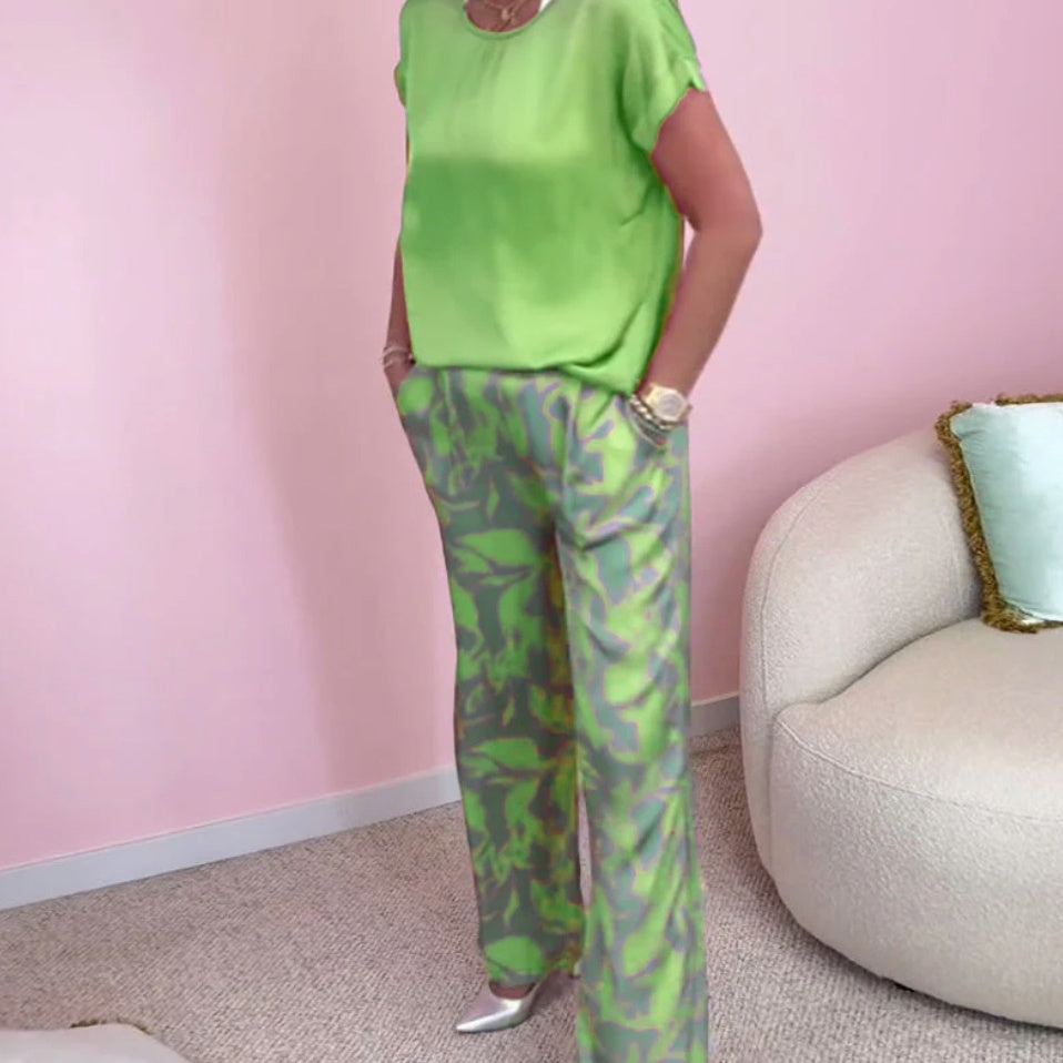 🎉【S-4XL】💝Kétrészes szett - kerek nyakú felső és bő szárú, mintás nadrág