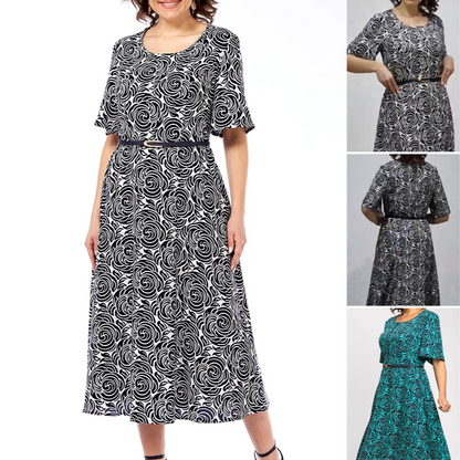 Elegáns, mintás maxi ruha övvel