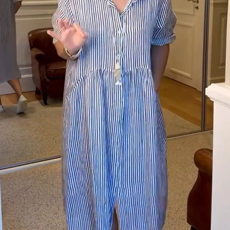 🔥👗 Csíkos ingruha hajtókával és gombokkal | Funkcionális zsebekkel