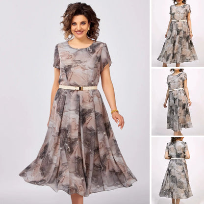 Női elegáns kerek nyakú, rövid ujjú midi ruha