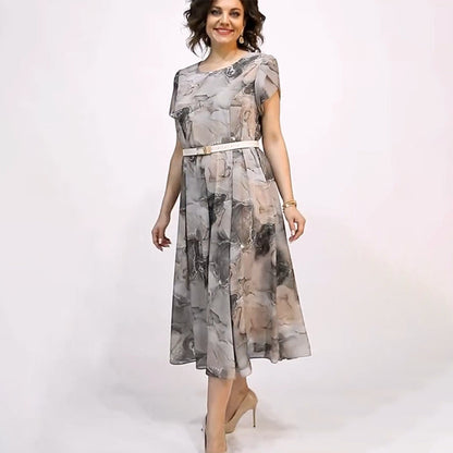 Női elegáns kerek nyakú, rövid ujjú midi ruha