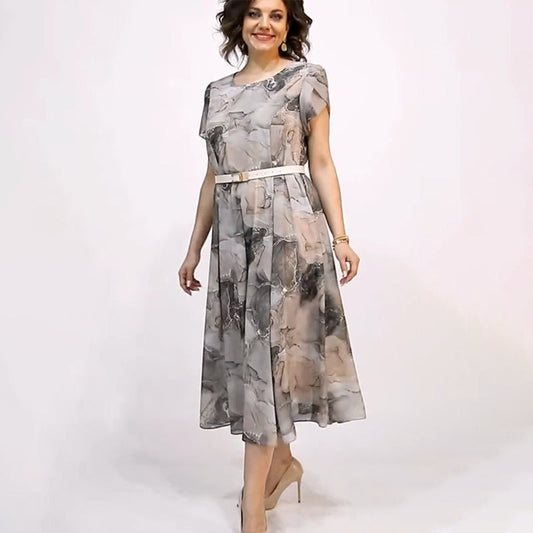 Női elegáns kerek nyakú, rövid ujjú midi ruha