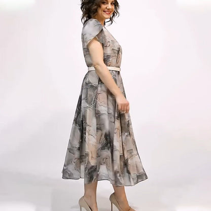 Női elegáns kerek nyakú, rövid ujjú midi ruha