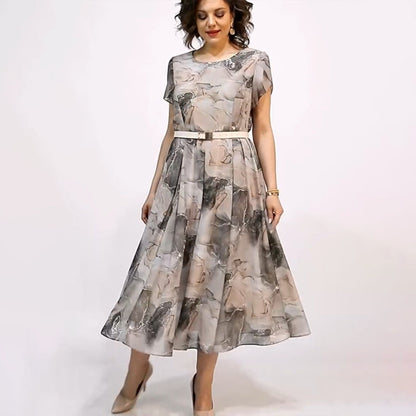 Női elegáns kerek nyakú, rövid ujjú midi ruha