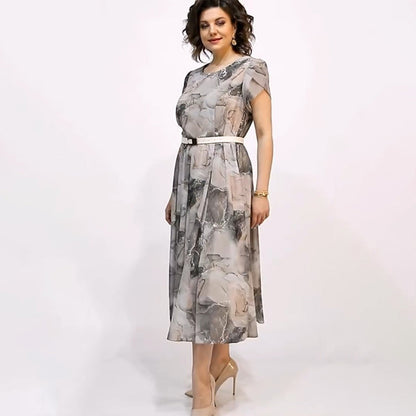 Női elegáns kerek nyakú, rövid ujjú midi ruha