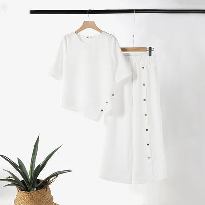 🌿Női kétrészes szett: Szabálytalan aljú felső és bő szárú nadrág☁️