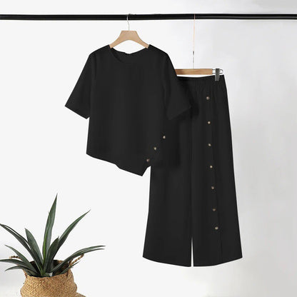 🌿Női kétrészes szett: Szabálytalan aljú felső és bő szárú nadrág☁️