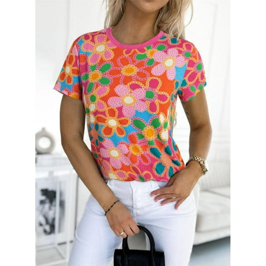 Női rózsaszín virágmintás póló