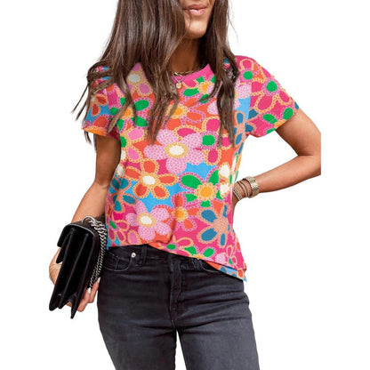 Női rózsaszín virágmintás póló