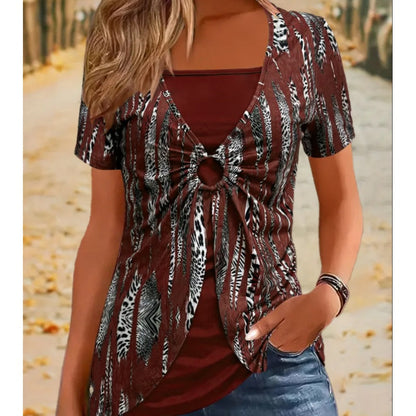 🔥Női Vintage Négyzetnyakú Leopárdmintás Rövid Ujjú Póló