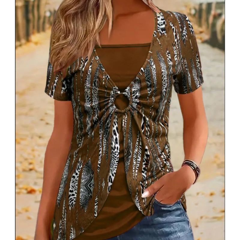 🔥Női Vintage Négyzetnyakú Leopárdmintás Rövid Ujjú Póló