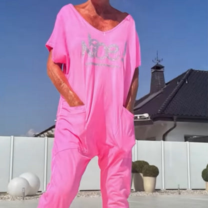 💖【S~5XL】Zsebes női nyomtatott betűs, plus size lezser overál