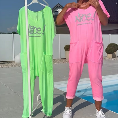 💖【S~5XL】Zsebes női nyomtatott betűs, plus size lezser overál