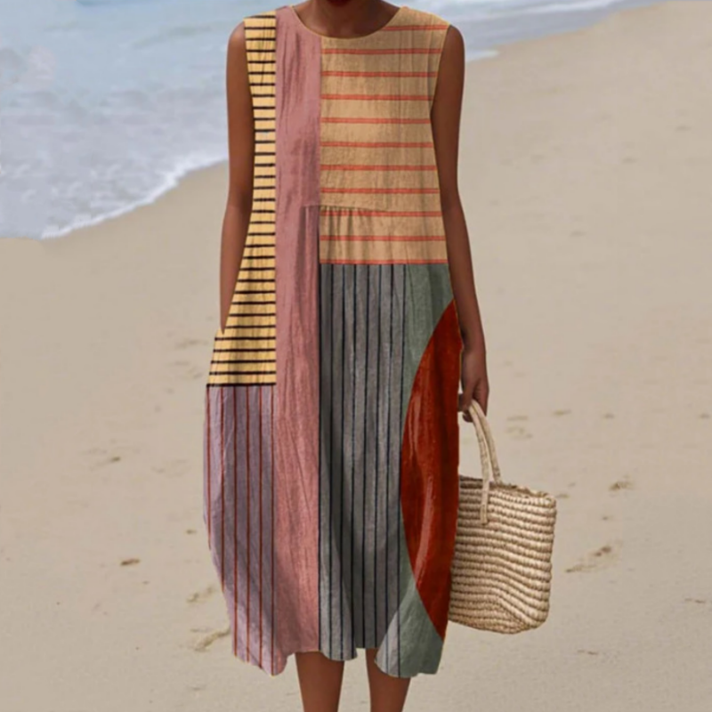 Divatos női ujjatlan ruha kerek nyakkivágással