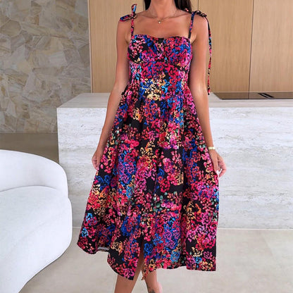 👗Elegáns női ruha vékony pántokkal és virágmintával