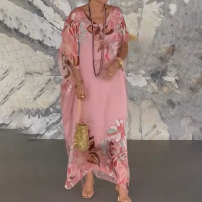 Elegáns, mintás, hosszú sifon ruha V-nyakkal