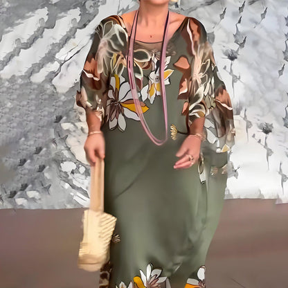Elegáns, mintás, hosszú sifon ruha V-nyakkal