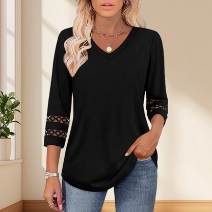🌺[S-3XL]👚✨ Klasszikus Egyszínű V-nyakú Felső 3/4-es Ujjakkal