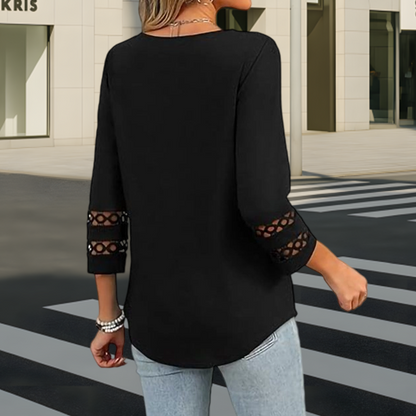 🌺[S-3XL]👚✨ Klasszikus Egyszínű V-nyakú Felső 3/4-es Ujjakkal