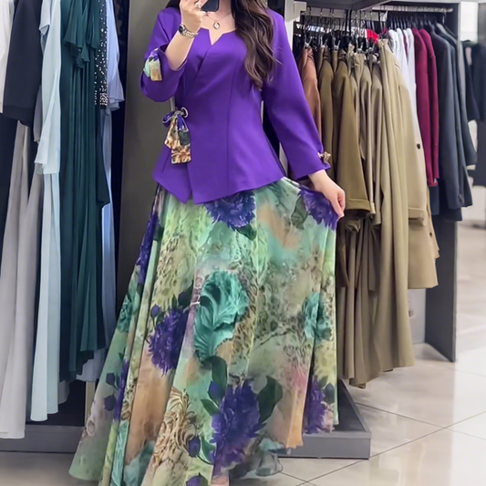 💜Elegáns felső és szoknya virágmotívumokkal, kétrészes szett