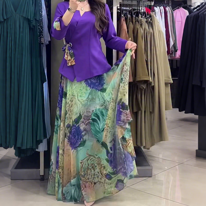 💜Elegáns felső és szoknya virágmotívumokkal, kétrészes szett