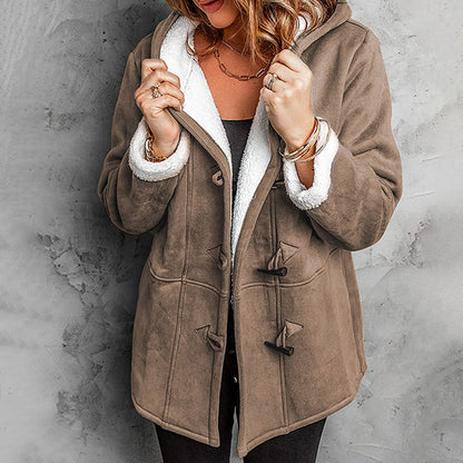 ❄️ Nők Kapucnis Suede Kabát Plüss Béleléssel 🧥💕