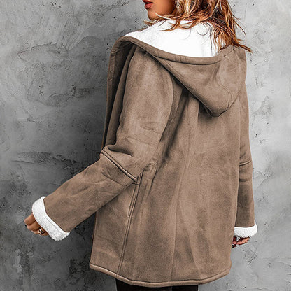 ❄️ Nők Kapucnis Suede Kabát Plüss Béleléssel 🧥💕